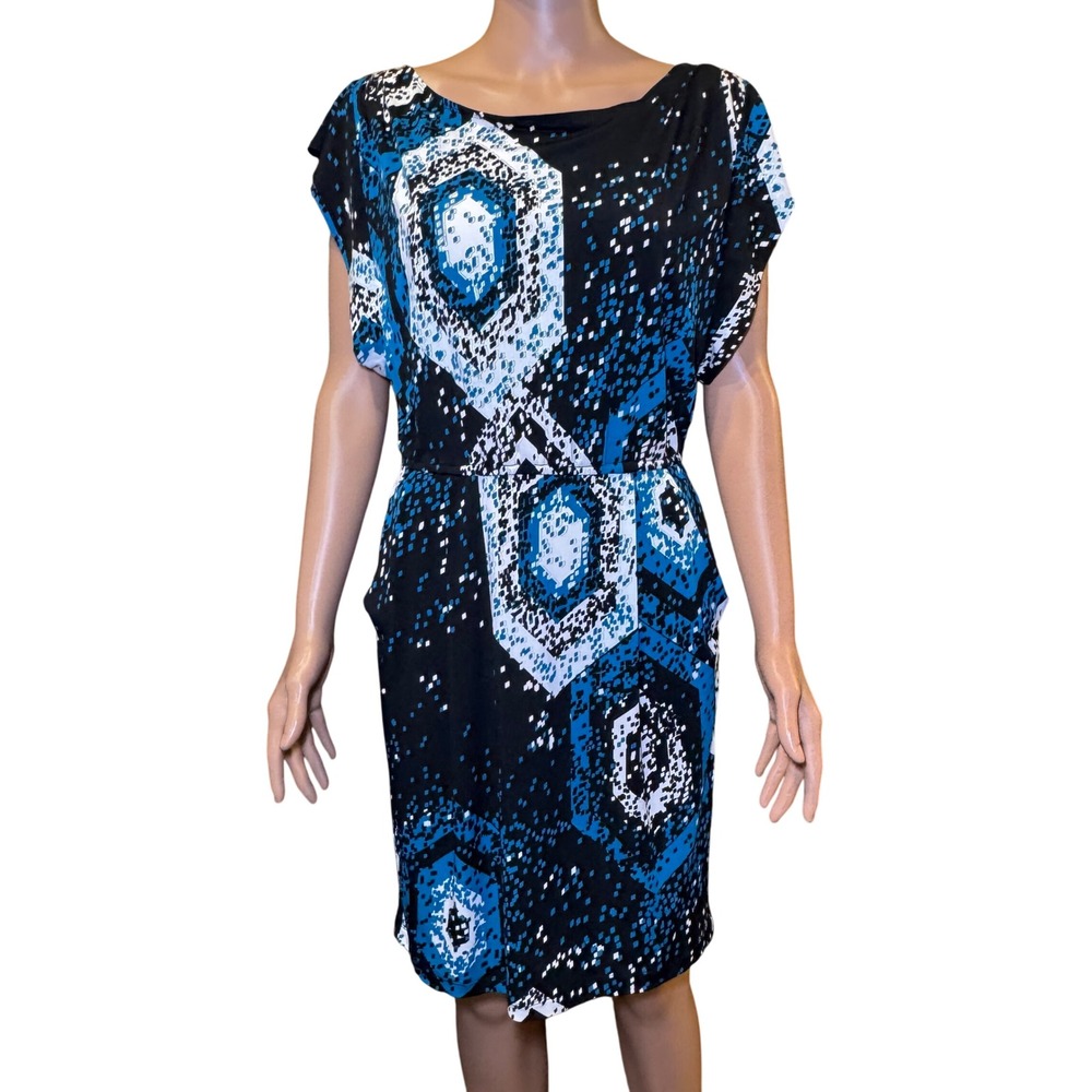 Bisou Bisou Geometric Print Cap Sleeve Dress Women Size 8 Black Blue